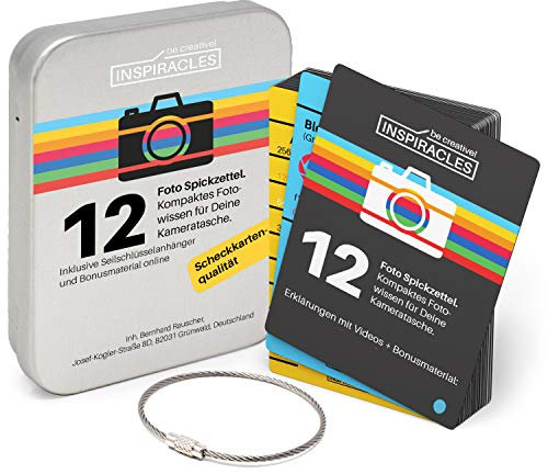 Inspiracles Fotografie Spickzettel - Fotografie Zubehör - Fotografieren Lernen für Foto Anfänger, Fotografie Gadget, Geschenk für Hobbyfotografen, Metalldose und Seilanhänger, 12 echte Scheckkarten