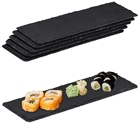 Relaxdays 12 x Schieferplatte, längliche Servierplatten aus Schiefer, Servieren & Beschriften, 30x10 cm, Sushi Platte, anthrazit