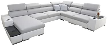 All4All Ecksofa mit Schlaffunktion Piano 358x282 cm – Schlafsofa mit Bettkasten – Wohnlandschaft XXL – Sofa U-Form – Gewebe mit Kunstleder - Groß - Big Sofa - Linke Seite - Hellgrau/Weiß 26