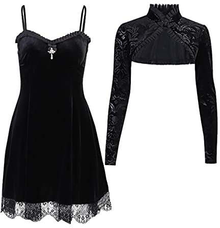 DINGJIUYAN Women Vintage Gothic Cape Dress Autumn Two Piece Sheer Mesh Cape Patchwork Pleated Peter Pan Collar Elegant Retro Goth Dresses