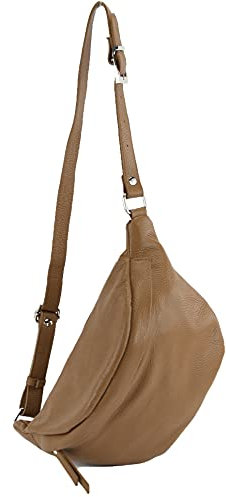 modamoda de - T77 - Sac banane, à bandoulière, fabrication italienne, grand, en cuir, souple, Marron pâle, Large
