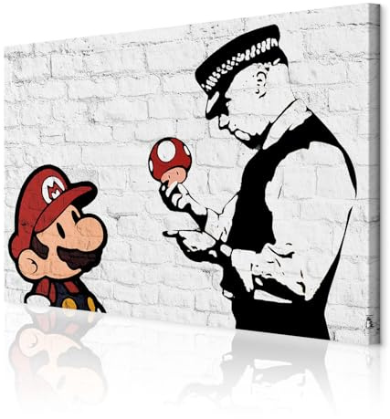 decomonkey Akustikbild Mario and Cop Banksy 90x60 cm 1 Teilig Leinwand | Modern, Bilder, Wandbilder XXL, Schallschlucker, Schallschutz, Akustikdämmung, Wandbild, Deko, Leise, Street Art, Ziegel