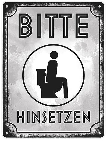 Bitte hinsetzen Metallschild XL in 21x28 cm für Badezimmer oder WC witziges Schild für die Toilette im Used Look um unnötige Verschmutzung zu verhindern für Restaurants Bars oder