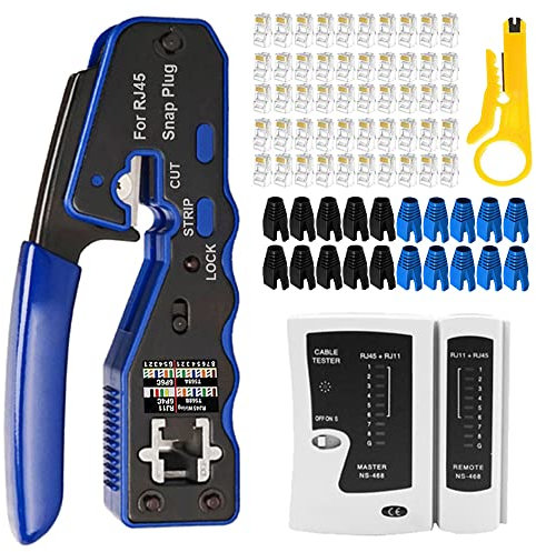 OKVNUO Alicates RJ45 CAT5 Comprobador Cables de Red CAT6 Kit de Herramientas Reparación y Prensador de Conectores Mantenimiento LAN Tester Pelacable Crimpadora 4P/6P/8P(Azul)