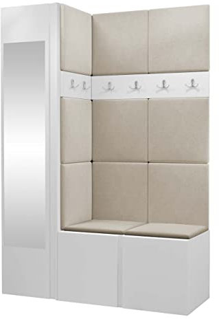 Mirjan24 Garderoben-Set Monati X, Kleiderschrank mit Spiegel, Schuhschrank + 2X Kleiderhakenbrett Gepolstertes Paneel/Wandpaneel, 6 Doppelhaken Flurgarderobe, Wandgarderobe (Weiß, Manila 02)
