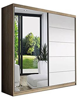 mb-moebel Armoire de Chambre avec 2 Portes coulissantes et Miroir l Dressing Garde-Robe Penderie (Tringle) avec étagères - 160x195x61cm EVA BIS05 (Sonoma+Blanc)