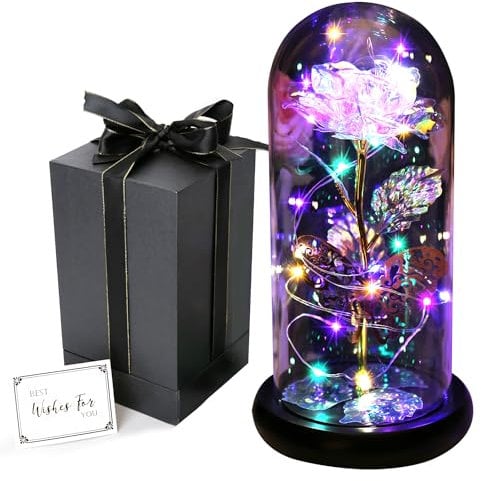 Rose Galaxie pour Femme, Rose éternelle Lumineuse GIIFER La Belle et la Bête, Rose dans Un dôme en Verre, Cadeau pour la fête des mères, pour Anniversaire, Noël, Mariage, Saint-Valentin (doré)