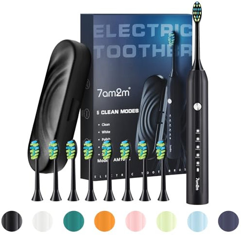 7AM2M Sonic Electric Toothbrush for Adults and Kids, with 8 Brush Heads and Travel Case,5 Modes with 2 Minutes Build in Smart Timer, One Charge Use for 90 Days, Rechargeable Toothbrushes (Black)