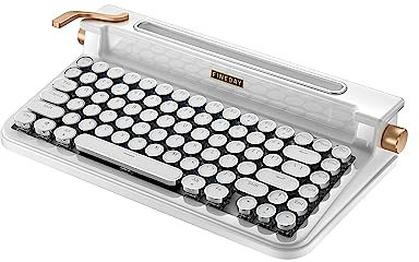 FINEDAY Keyboard 3.0, Blue Switch, Retro Wireless Mechanical Keyboard, Typewriter Designed, Bluetooth 5.0 & USB up to 4 Devices, for Desktop PC/Laptop Mac/Phone, US QWERTY layout (83 Key-ABS White)