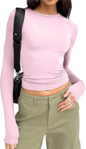 Cioatin Damen Langarm Rundhals Crop Top Tee Shirt Basic Solid Y2K Eng Slim Fit Cropped Shirt Workout Yoga, Pink, Mittel