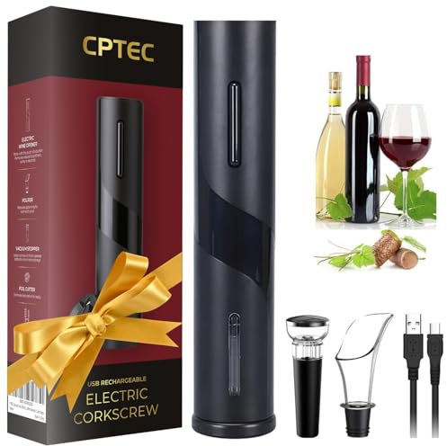 CPTEC Tire Bouchon Electrique Rechargeable, Ouvre Bouteille Automatique, Coupe-Capsule, Chargeur USB, Verseur Aérateur, Bouchon à Vide, Coffret Cadeau Homme