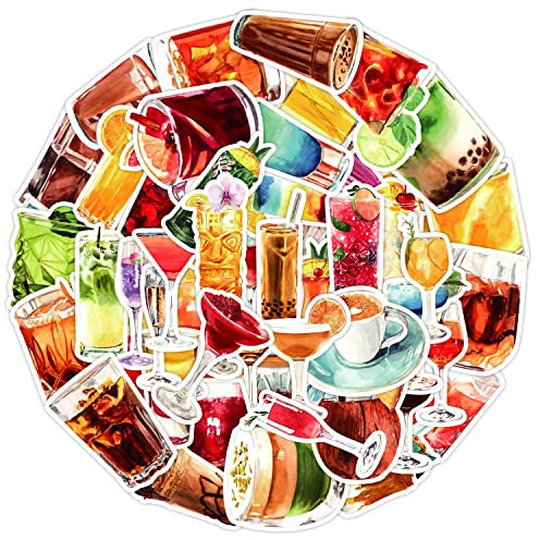 50 Stück Cocktails Aufkleber Wasserflaschen Laptop Telefon Gitarre Skateboard Computer Koffer Fahrrad Cocktails Vinyl Stickers Wasserdicht Ästhetisch Aufkleber für Jugendliche Kinder Erwachsene
