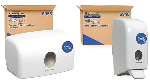 Aquarius Handtuchspender 6956, Papierhandtuch-Spender - weißer & Aquarius Seifen-Spender 6948 – 1 x wandmontierter Seifenspender, weiß (Nachfüllmenge 1 Liter)
