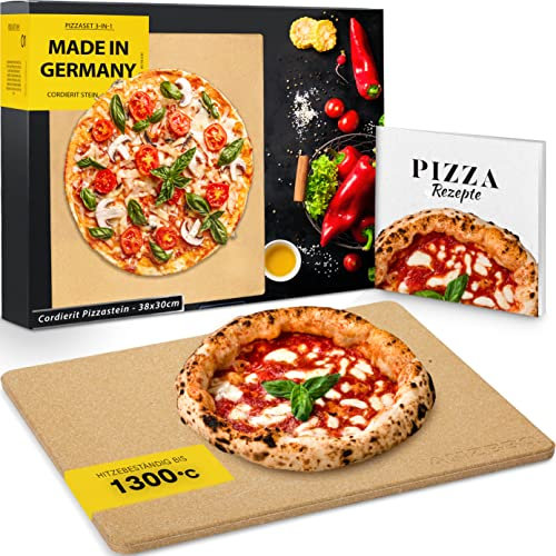 AMZBBQ® Lot de 2 pierres à pizza de qualité supérieure - 100 % fabriquées en Allemagne - Pour four et barbecue à gaz jusqu'à 1300 °C - Avec livre de recettes