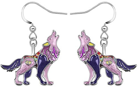 RAIDIN Emaille Legierung niedliche Tier Wolf Ohrringe für Damen Mädchen Neuheit Tropfen Baumeln Haken Ohrringe Schmuck für Geschenke Party Geburtstag Charms (Lila)