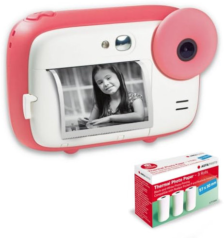 AGFA PHOTO Realikids Instant Cam + 3 Rolls of Thermal Paper, ATP3WH - Instant Camera for Kids, 2.4 LCD Display, Lithium Battery, Selfie Mirror and Photo Filter - Pink