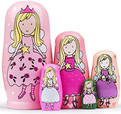 GRPSKCOS Russian Nesting Dolls- Pink Angel Girls Wooden Matryoshka Dolls for Kids Handmade Cute Cartoon Nesting Doll Toy Stacking Doll Set of 5