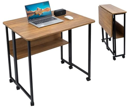 Hengriacly Schreibtisch klappbarer klein mit Regal,Tisch Faltbar Computertisch klapptisch mit Rollen klappschreibtisch für das Heimbüro arbeitszimmer 80 x 58 x 75 cm