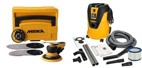 Mirka DEROS II 5650 Levigatrice eccentrica con aspirazione centrale con cassetta per abrasivi a strappo Ø 125 e 150mm / orbita 5.0mm + Mirka aspirapolvere industriale a umido e a secco 25 litri