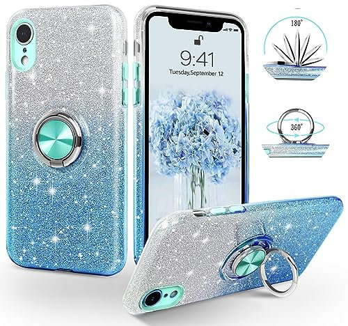 SouliGo Hülle kompatibel mit iPhone XR, iPhone XR Hülle Glitzer, iPhone XR Handyhülle Silikon Case Cover mit 360 Grad Ring Halter Ständer stabil Kratzfest Hülle für iPhone XR 6.1 Zoll Bling Blau