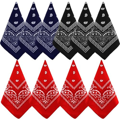 NACHLYNN 10 Stück Paisley-Bandanas, verschiedene Bandanas, Cowboy-Stirnbänder aus Polyester, quadratischer Schal, Kopfbedeckung (10, Rot, Schwarz, Marineblau)