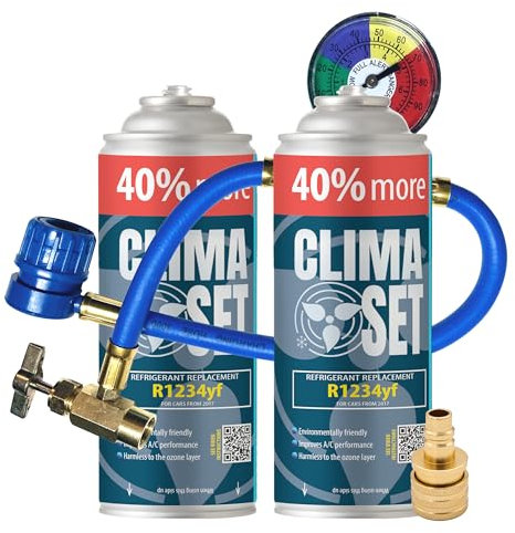 ClimaSet Recharge clim R1234yf - gaz clim r1234yf - 2x235 g avec Tuyau, Manomètre et Adaptateur HP/LP - Climatisation - Climatiseur voiture - Recharge climatisation voiture - ECO