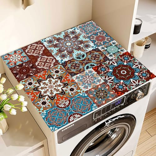 Treer Housse Machine à Laver Absorbants Séchage Rapide, Motifs de Carreaux Tapis de Protection Antidérapant pour Machines à Laver Sèche-linge Réfrigérateur (60x60cm,Bourgogne)