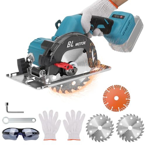 Akku Kreissäge Kompatibel mit Makita 18V Lithium-Akku, Bürstenlose Mini Kreissäge mit 3 Sägeblättern, 1800W Kupfermotor 0-45° Fase/40mm Tiefe, Handkreissäge für Schneiden Holz (Ohne Akku)