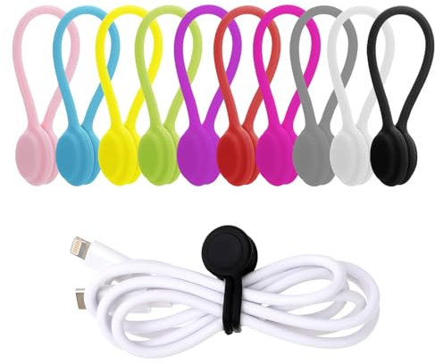 iwiio Magnetic Cable Ties, 10 Pcs Silicone Magnetic Ties USB Cable Manager, Multicolor