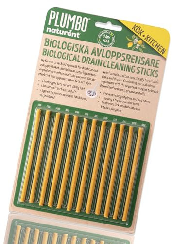 Plumbo Kitchen Biological Drain Cleaning Citrus Scent Sticks - 1-Year Supply of 12 Enzyme-Activated Cleaner & Odour Remover - Natural, Sustainable Sink Sticks