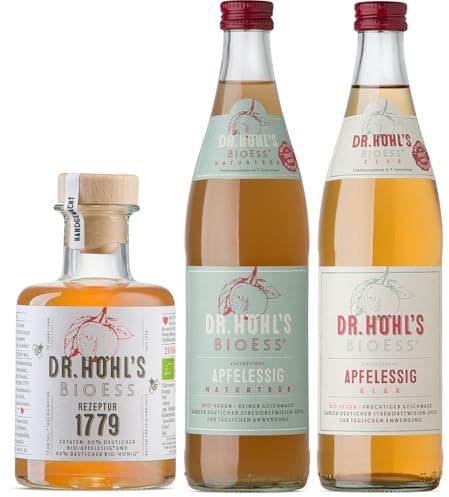 Bio Apfelessig Testset – naturtrüb, klar & mit Honig – aus ganzen Äpfeln deutscher Streuobstwiesen – regional & bio – BioEss von DR. HÖHL’S (2 × 500 ml + 1 × 200 ml Glasflaschen)