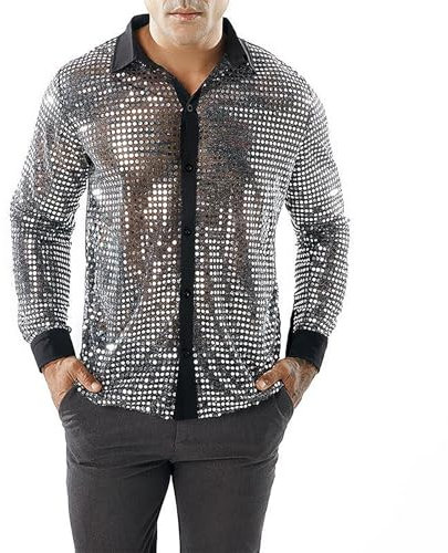Herren Pailletten Langarm Hemd 70er Disco Party Kostüm Button Down Disco Glitzer Shirts Hemd Nachtclub Fasching Oberteil Nachtclub Top (Silber, XL)