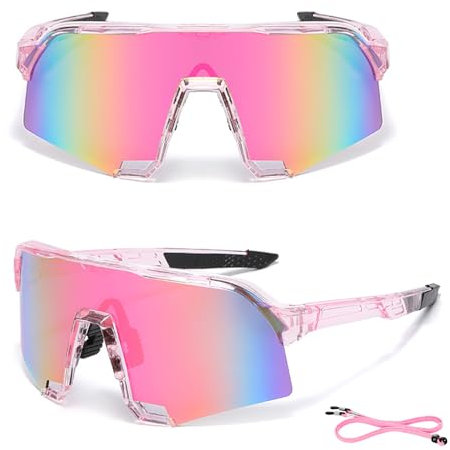 FOSDICK Schnelle Brille, Sportsonnenbrillen für Herren, Fahrradbrille Winddicht mit Lanyard Ski Sonnenbrille, Laufbrille Damen, Sportbrille UV400 Schutz für MTB Rennrad Fahrrad, Rosa