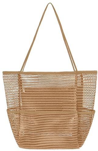 lifwimner Mesh Strandtasche Damen, Große Sommer Strandtasche Familie Faltbare Leichte Badetasche mit Innenfach mit Reißverschluss für Urlaub Reisen Pool Schwimmen (Khaki)