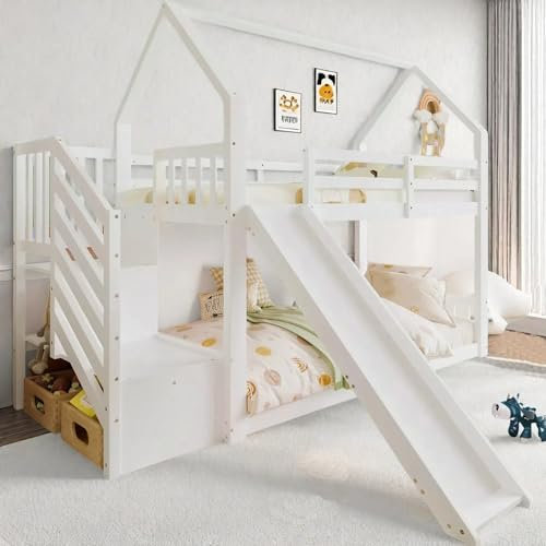 OOIILLEE lit superposé Enfant avec Escaliers et toboggans de Rangement, lit cabane Enfants 90x200cm 2 Places avec Barriere, garçons et aux Filles, Lattes en Bois Massif, Blanc