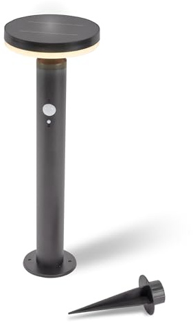 Esotec Solar Wegeleuchte Sockelleuchte Bewegungsmelder Ribolla, PIR 102771 | Edelstahl, schwarz, Bewegungsmelder, Ø16x45cm, PIR 110°/8m, 3000K, 20-600lm, Akku wechselbar, 1,8Wp Full Black Solarmodul
