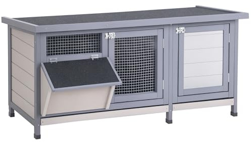 PawHut Conejera de Madera Techo Asfáltico Abatible 112x50x54 cm Gris