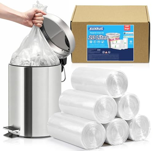 XUXRUS 10L Small Bin Bags, 420 Count, Clear Pedal Bin Liners | Strong Bin Bags for Bathroom, Office and Toilet Bins