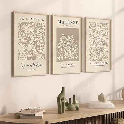 BPJSTU Neutrale abstrakte Wandkunst, beige Kunstdrucke mit Pflanzenmotiven, William Morris Poster, Matisse Galerie-Reprints, Wohndekoration (50x70cm/3 Stück rahmenlos)