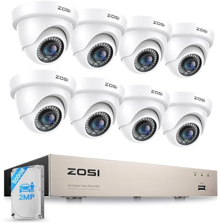 ZOSI Kabelgebunden 1080P Überwachungskamera Set 8CH 500GB DVR und 8 Innen & Aussen Dome Sicherheitskameras für Haus & Garage, Personen- und Fahrzeugerkennung, 24m IR Nachtsicht