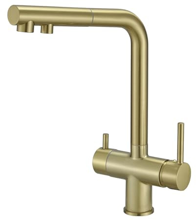 Grifo Osmosis Extraible Oro Cepillado con 2 Salidas de Cocina 3 Vias para Agua Potable