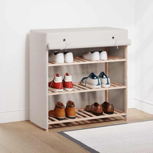 RuiNingRN Zapatero con cubierta blanca 79 x 40 x 80 cm de tela y marco de madera de abeto, 3 estantes para 6 pares de zapatos, ahorra espacio, plegable, ideal para pasillo, pasillo y entrada