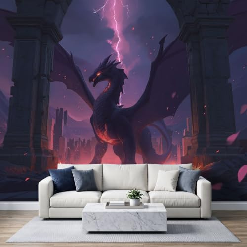 Epic Fantasy Photo Mural Wallpaper 350W x 256H cm, Mythical Art Animal Dragon Purple Lightning Wallpaper Mural - Dark Purple Wall Art for Bedroom Nursery Fireplace Living Room Playroom Decor