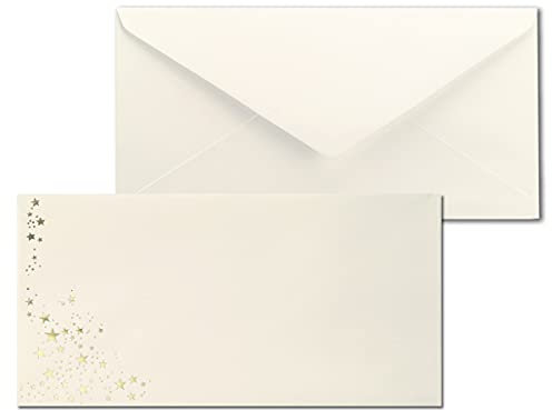 25x Briefumschläge mit Metallic Sternen - DIN Lang - Gold geprägter Sternenregen - Farbe: creme, Nassklebung, 100 g/m² - 110 x 220 mm - ideal für Weihnachten