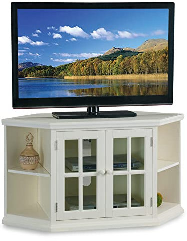 Leick Home Maelyn Corner TV Stand for 50 Inch TVs, 46 Inch, White, Space-Saving with Bookcases and Tempered Glass Door, Wood Entertainment Console, 85287