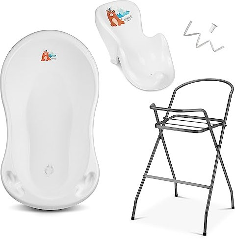 TÜV Rheinland-zertifizierte Babybadeset: Badewanne mit Sitz, Abfluss und Gestell für Neugeborene