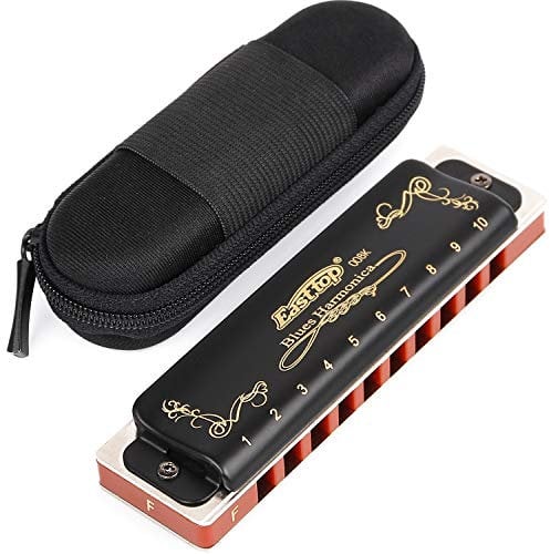 Anwenk Harmonica Key of F 10 Hole 20 Tone Diatonic Blues Harmonica F with Case Top Grade for Professional Player,Beginner,Students,Children,Kids Gift(East Top)- Black