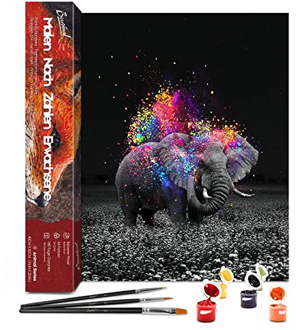 Bougimal Malen Nach Zahlen Erwachsene Tiere ohne Rahmen inklusive Pinsel und Acrylfarben - 40 x 50 cm, Elefant