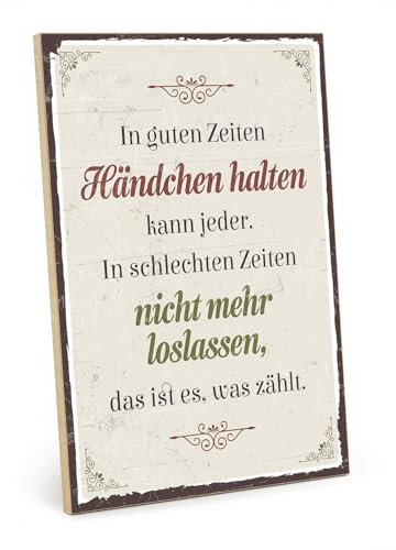 TypeStoff Holzschild mit Spruch – HÄNDCHEN HALTEN – im Vintage-Look mit Zitat als Geschenk und Dekoration - HS-00665