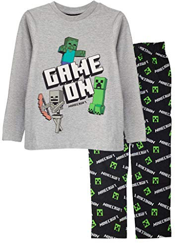 Popgear Minecraft Game on Garçons Set Long Pyjama Noir/Gris Chiné 134 | PS4 PS5 Xbox Cadeaux Gamer, école de garçons PJs, Vêtements pour Enfants, badine l'anniversaire Idée Cadeau